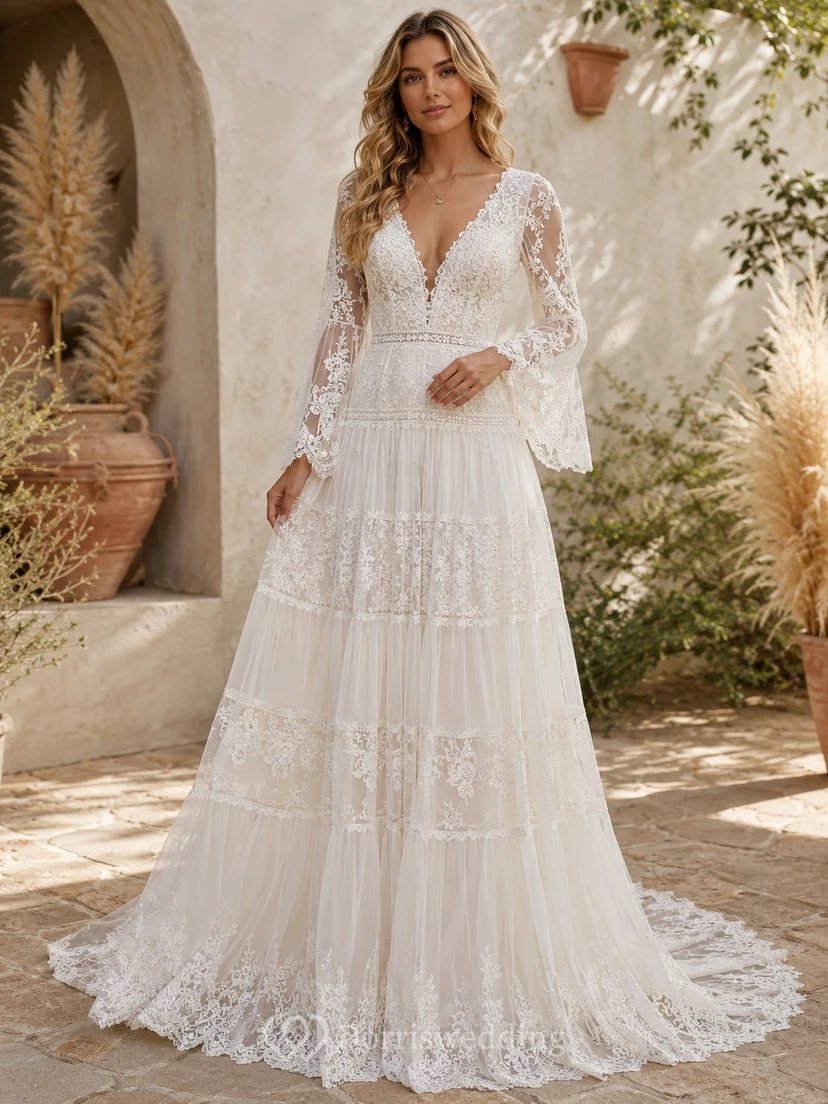 Vestido de novia blanco romántico de manga larga, escote en V, corte en A y encaje con volantes