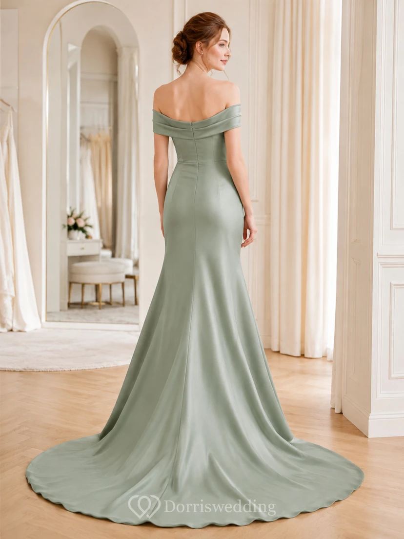Robe de mariée sirène en satin sauge à épaules dénudées et traîne balayée view 2