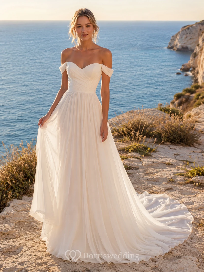 Beach Chiffon Tulle Wedding Dress A-Line Off Shoulder Sweep Train Bridal Gown