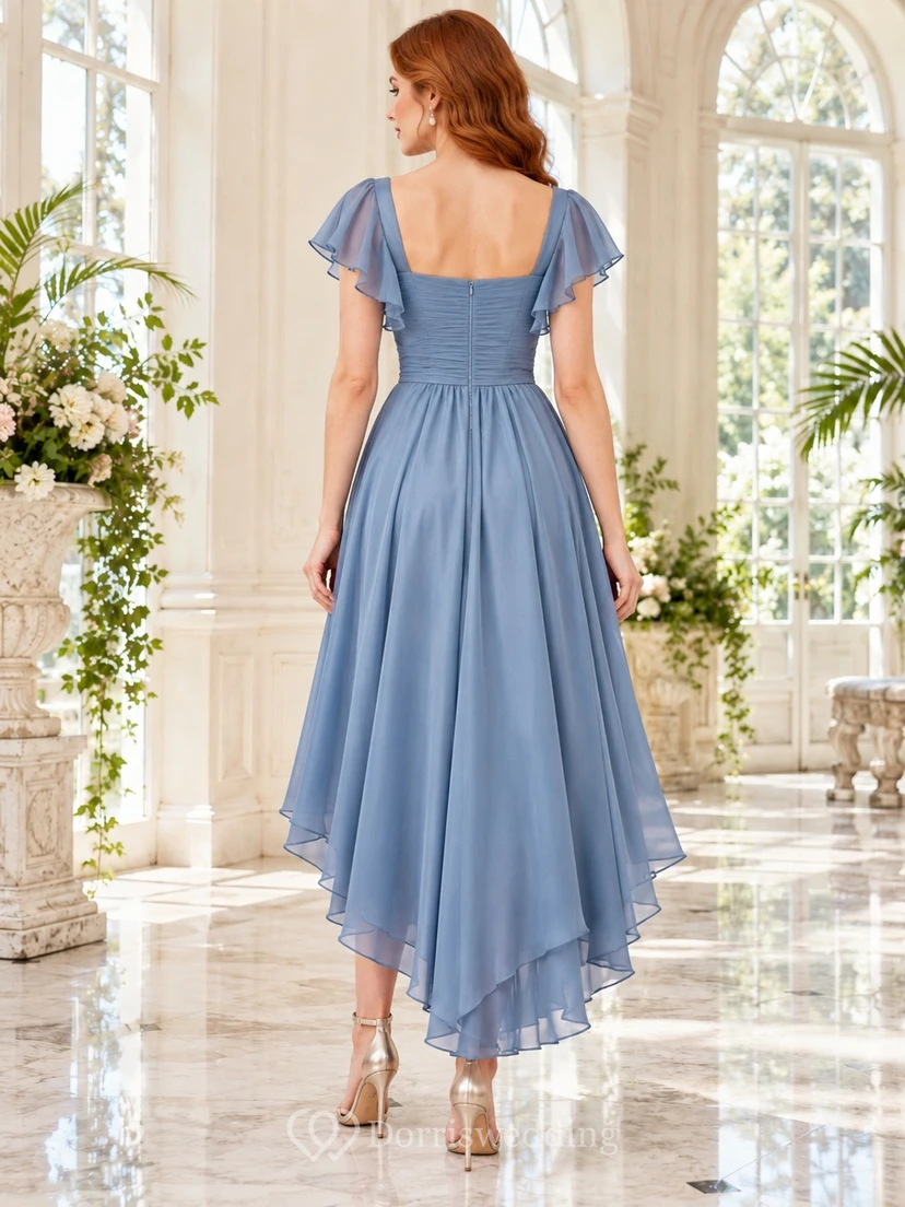High-low Square Neck Steel Blue Flutter Wedding Guest Dress view 2