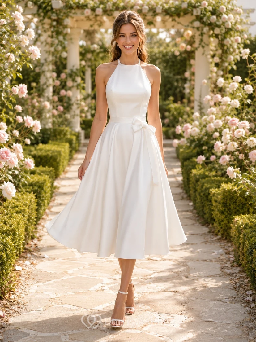 White Halter High Neck Satin A-Line Tea-Length Elegant Graduation Guest Dress