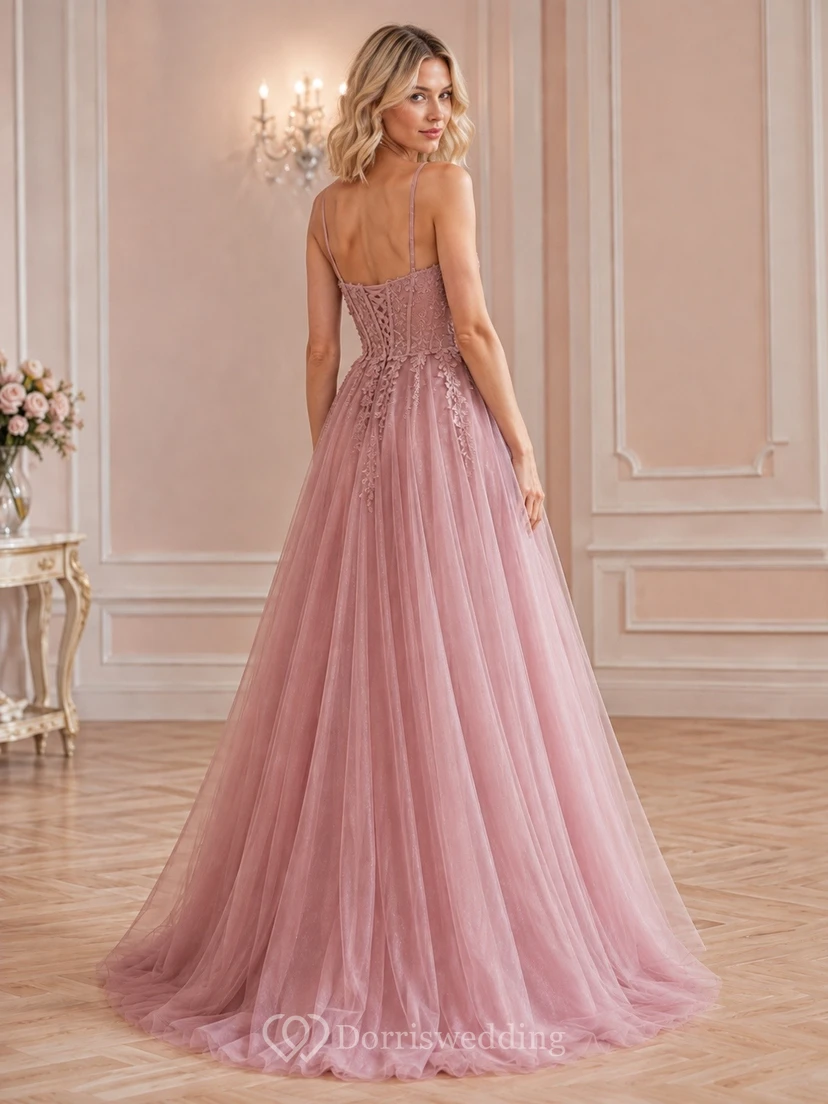 Romantic Blush Tulle Ball Gown Floor-Length Strapless Sleeveless Prom Dress view 2