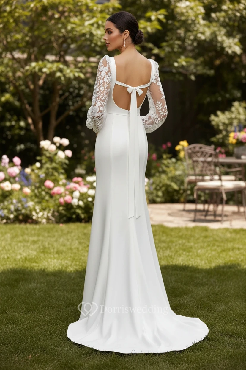 Robe de mariée simple à col carré et manches longues view 2