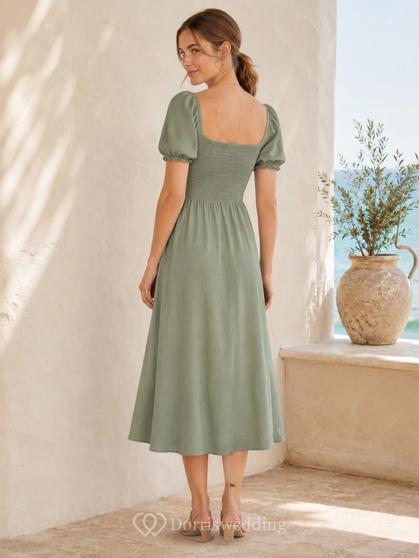 Dusty Green Chiffon Square Neck Short Sleeve A-line Midi Dress view 2