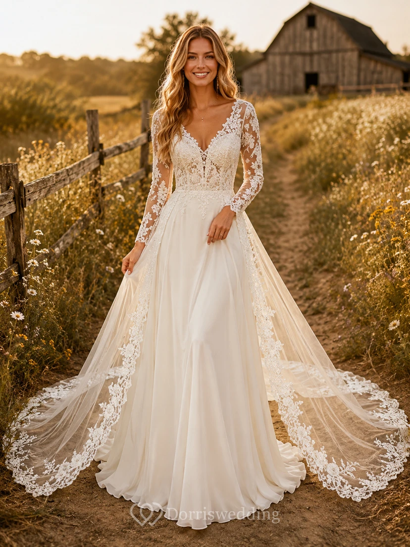 Robe de mariée champêtre en tulle et dentelle, coupe trapèze, col en V, manches longues, traîne chapelle