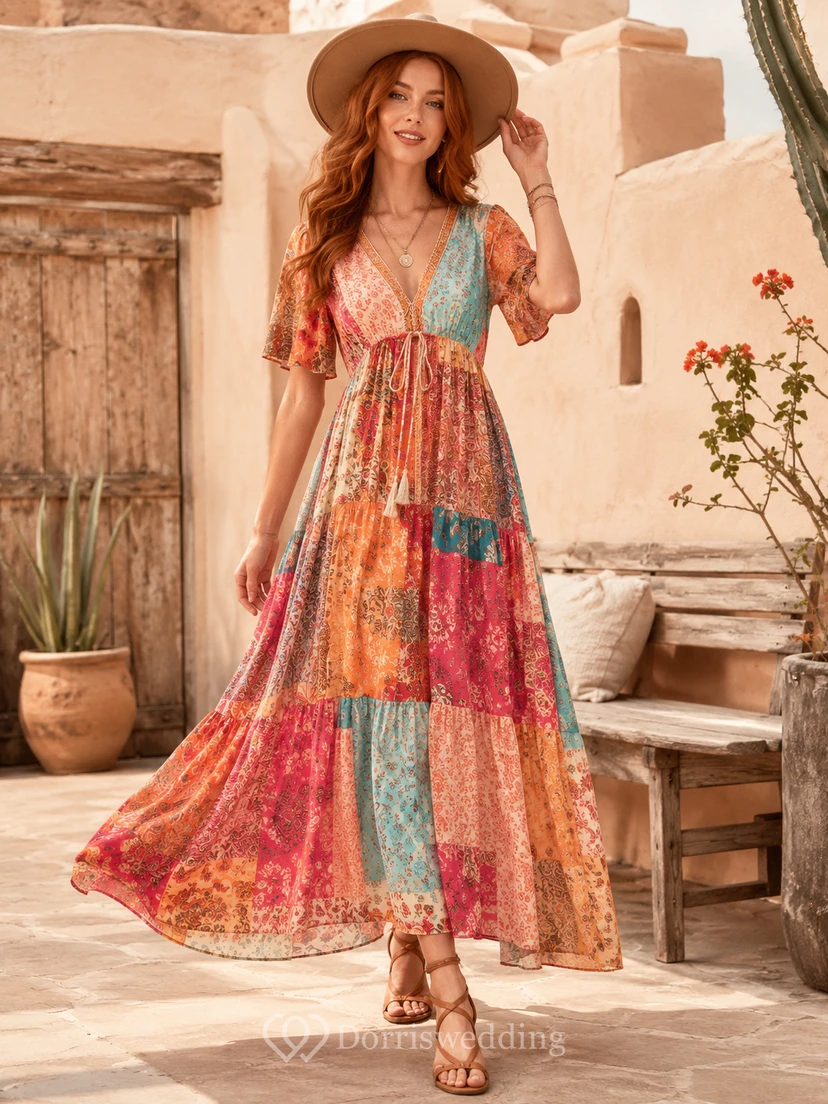 Robe longue à manches courtes et col en V, imprimé patchwork corail