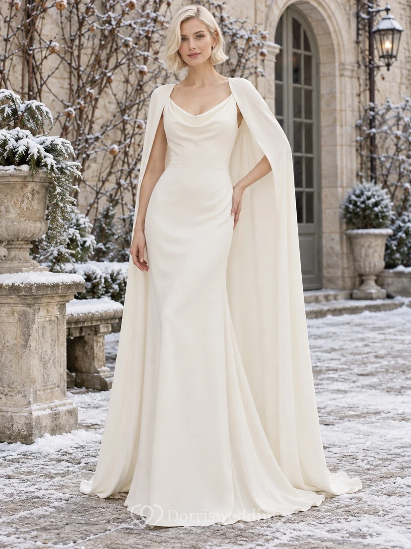 Vestido de invierno sencillo de gasa con cuello drapeado y capa drapeada, ideal para bodas.
