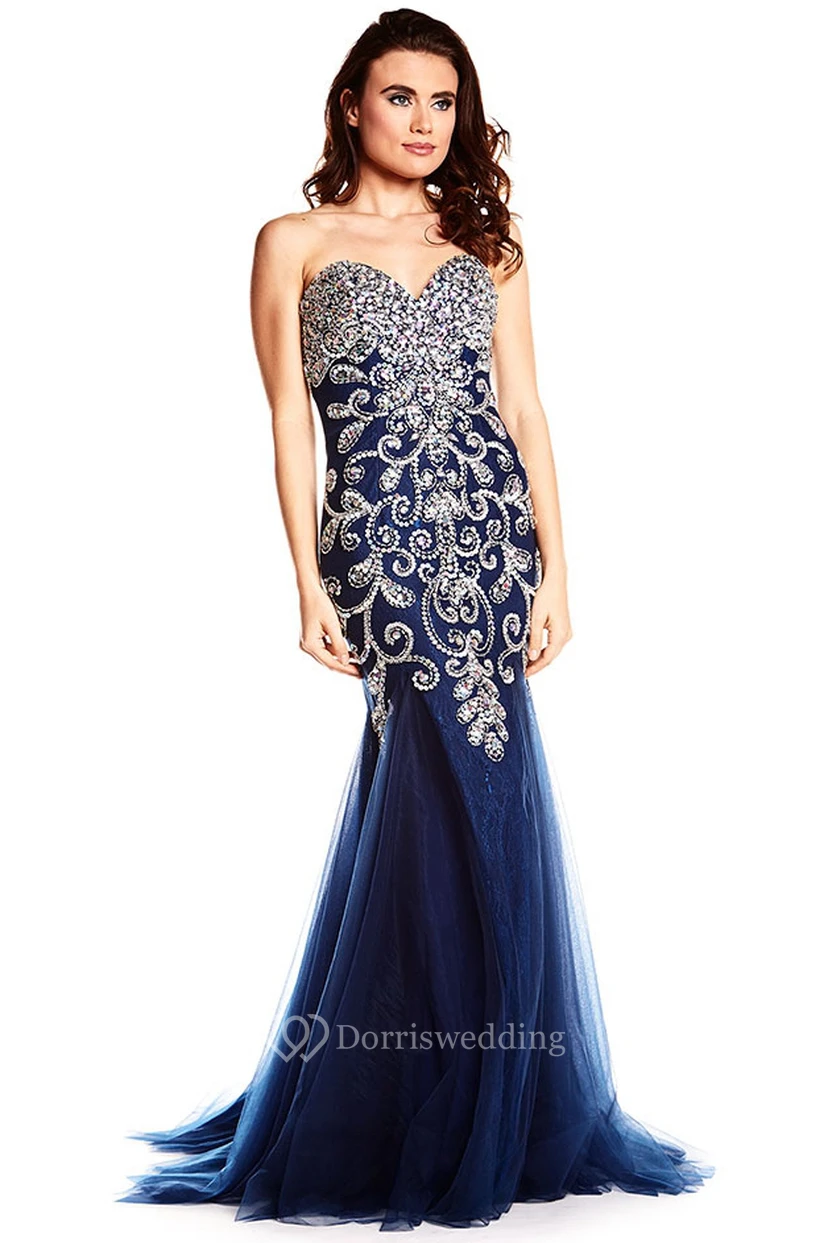 Long Sweetheart Crystal Tulle Prom Dress With V Back