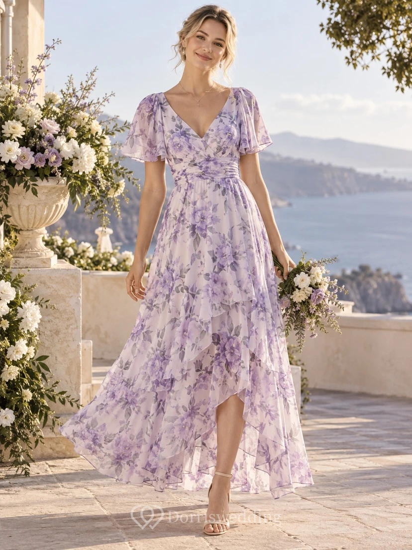 Vestido de fiesta romántico de gasa con estampado floral lavanda, escote en V, mangas con volantes y corte asimétrico.