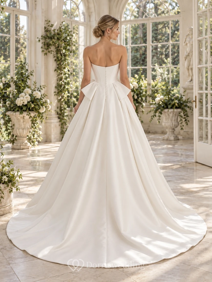 Vestido de novia de satén plisado con escote redondo, cadera esculpida y lazo, sin tirantes view 2