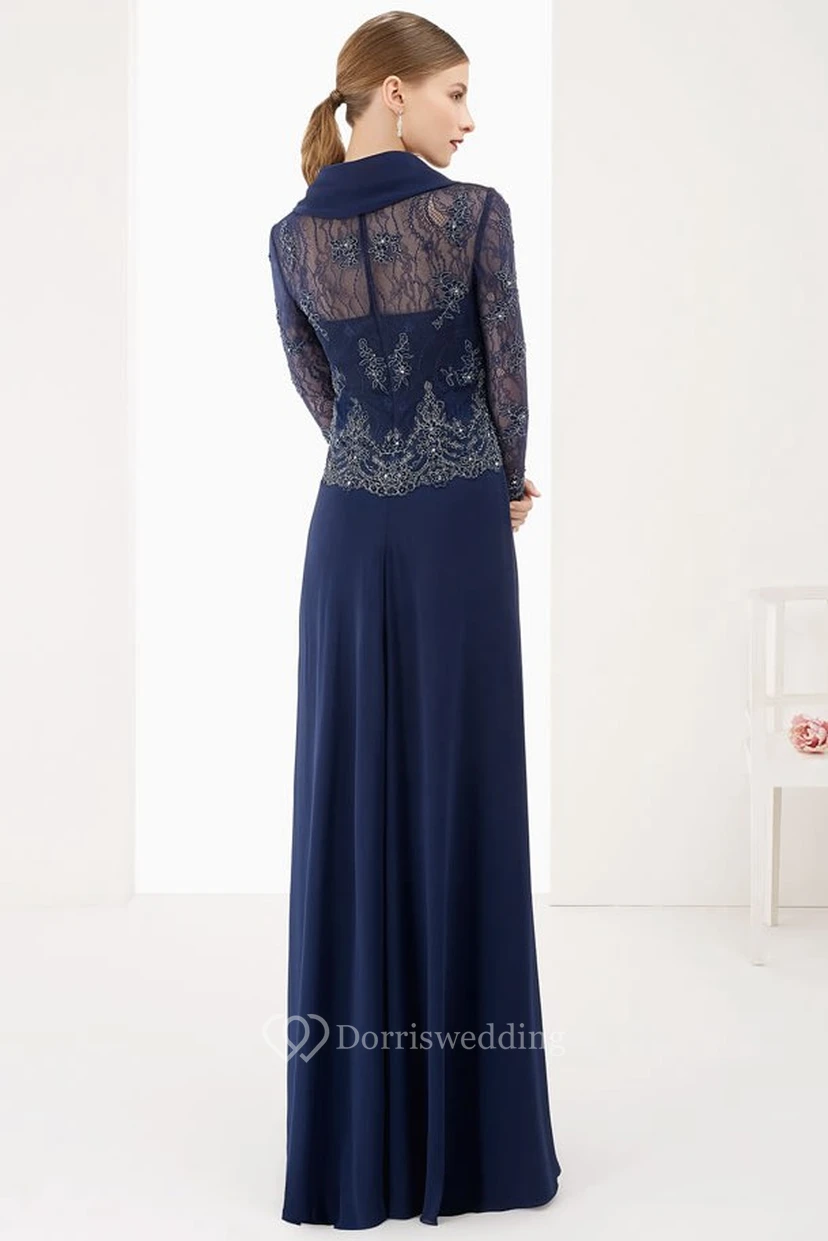 Long Sleeve A-Line Long Prom Dress With Lace Top And Collar view 2