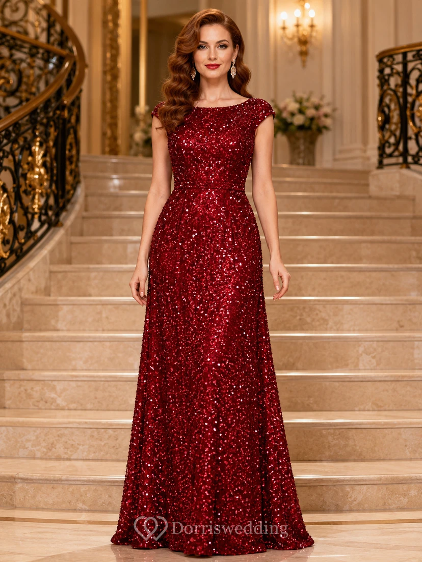 Rotes Pailletten-Abendkleid in A-Linie mit Schmuckkragen