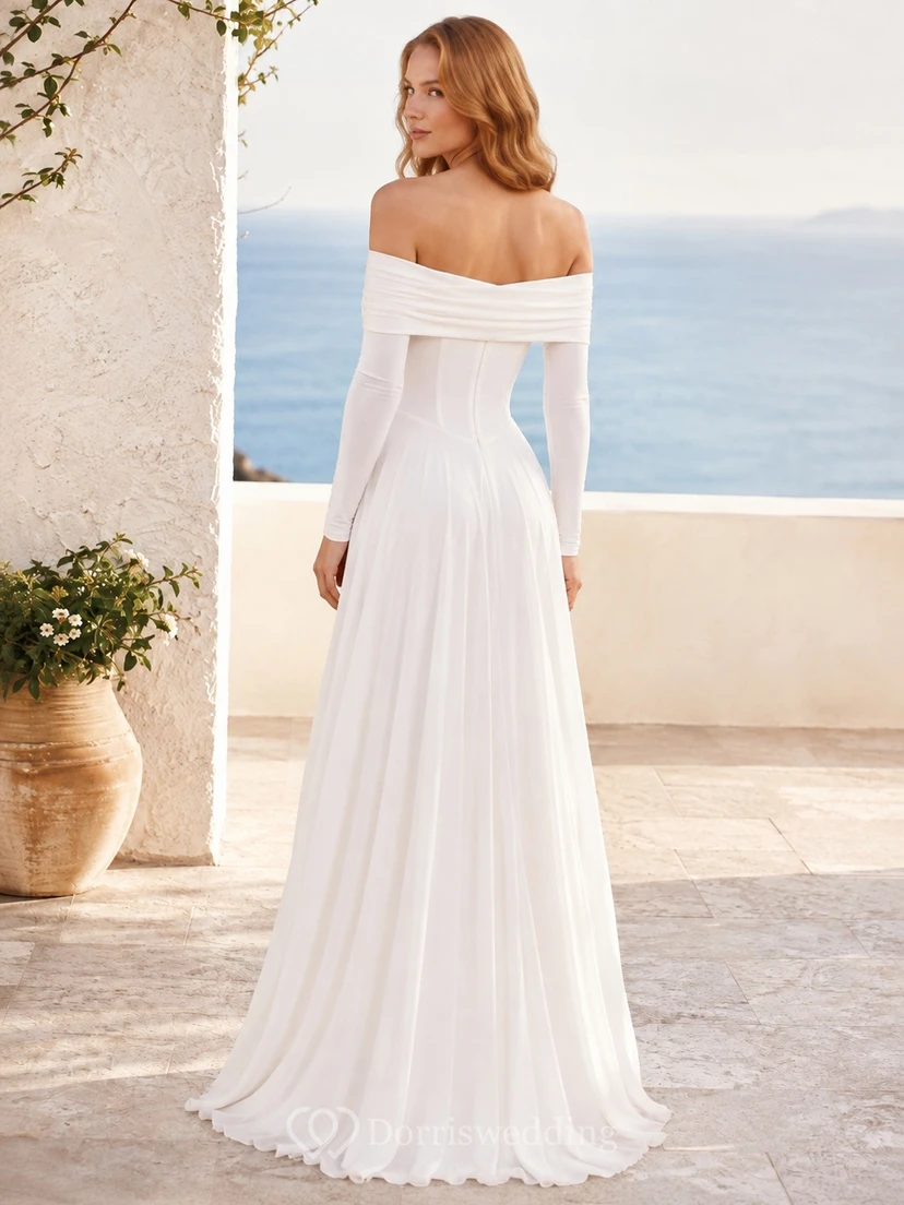 Long Sleeve Off Shoulder A-Line White Chiffon Maxi Guest Dress view 2