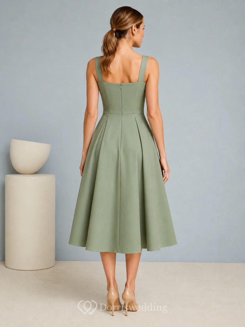 Tailored Midi Celadon A-Line Tea-Length Square Sleeveless Satin Simple Bridesmaid Dress view 2