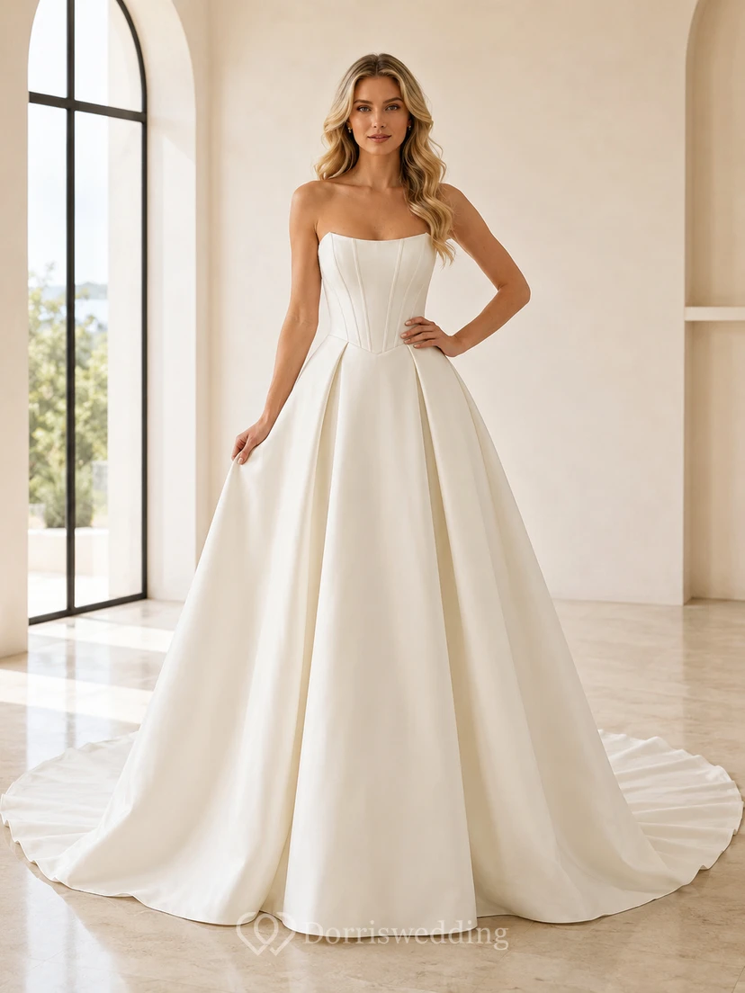 Satin Wedding Dress A-Line Strapless Sweep Train Bridal Gown