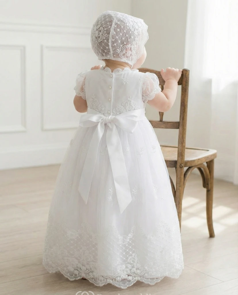 Robe de baptême blanche pour petite fille d'honneur, en dentelle et tulle, avec bonnet. view 2