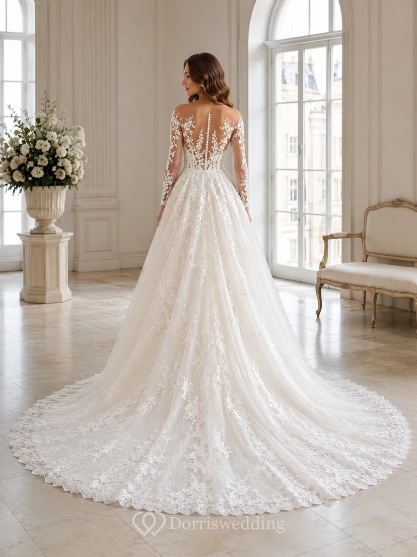 Robe de mariée champêtre en dentelle fine et tulle illusion, col montant, manches longues, coupe trapèze, traîne chapelle, ornée d'appliques. view 2