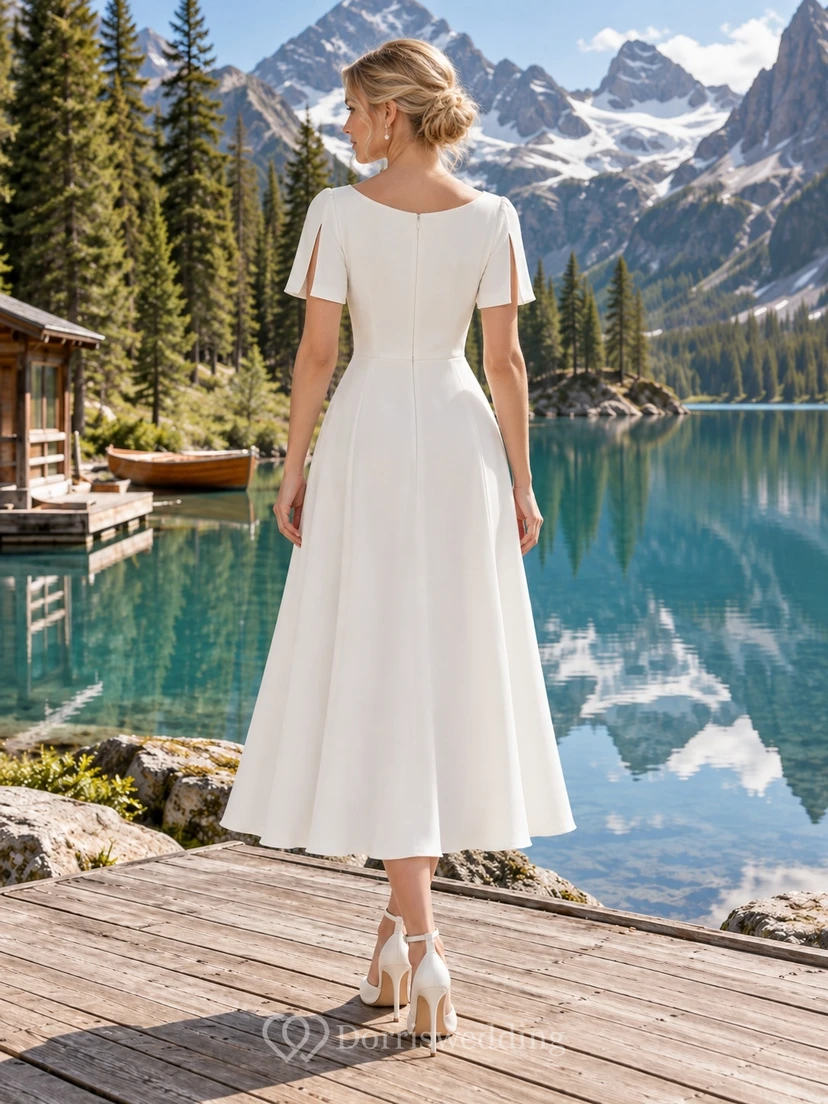 Sencillo vestido de novia civil con falda a la altura de la rodilla, escote en V y mangas con volantes. view 2