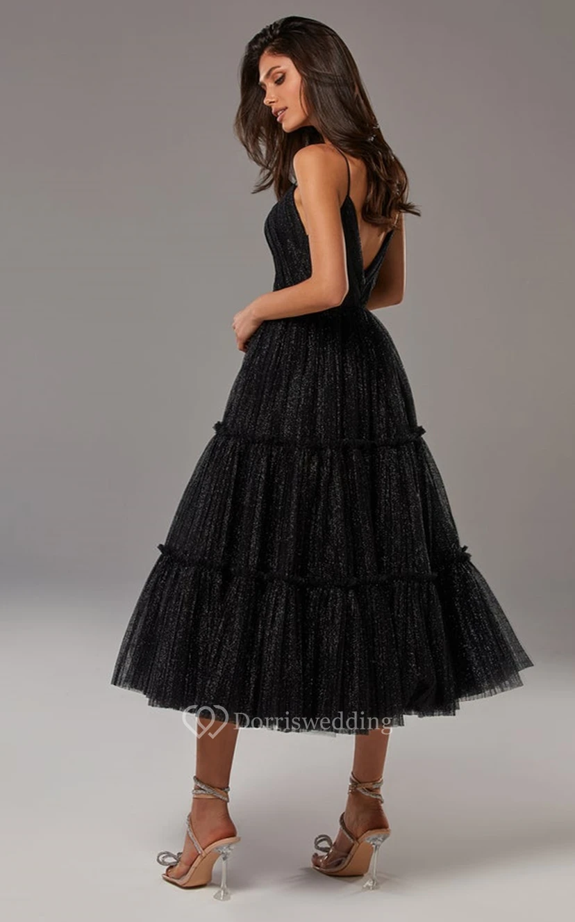 Vintage A Line Spaghetti V-neck Tulle Prom Dress view 2