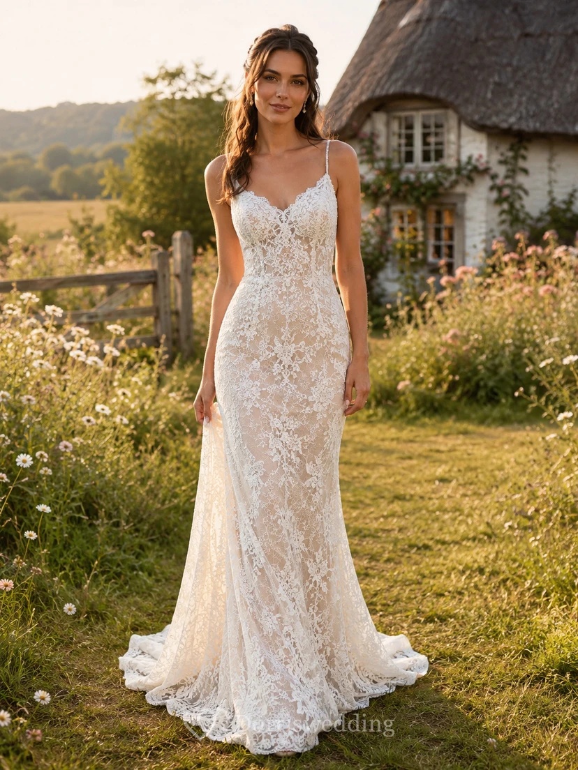Robe fourreau en dentelle florale à fines bretelles pour une fugue amoureuse à la campagne