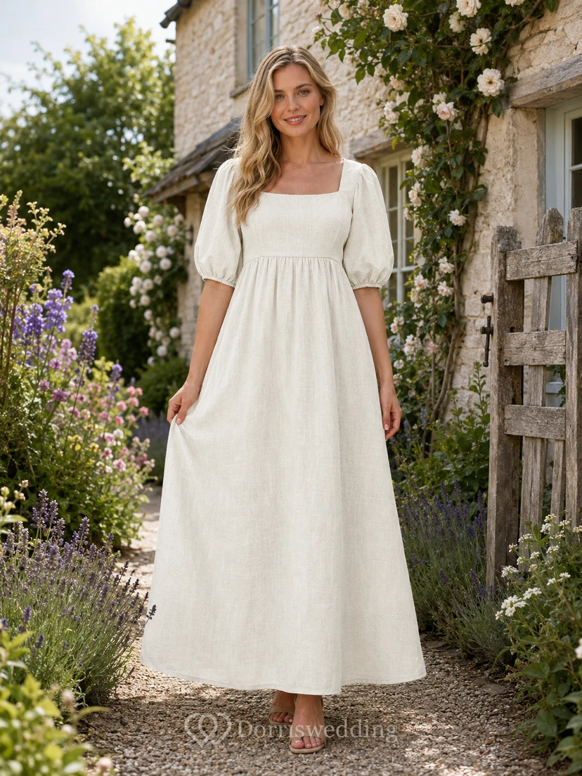 Loose Casual Square Neck Linen Cottage Bridal Dress