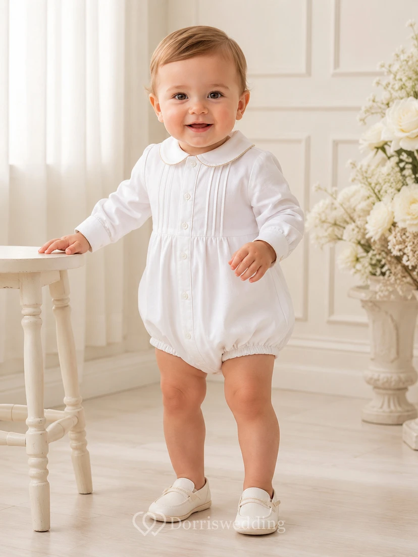White Long Sleeve Pintuck Peter Collar Baptism Bubble Romper for Baby Boy