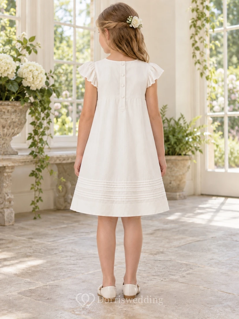 Simple Ivory Knee-length Jewel Short Flutter Sleeves Pintucked-hem Empire Button-back Flower Girl Dress view 2