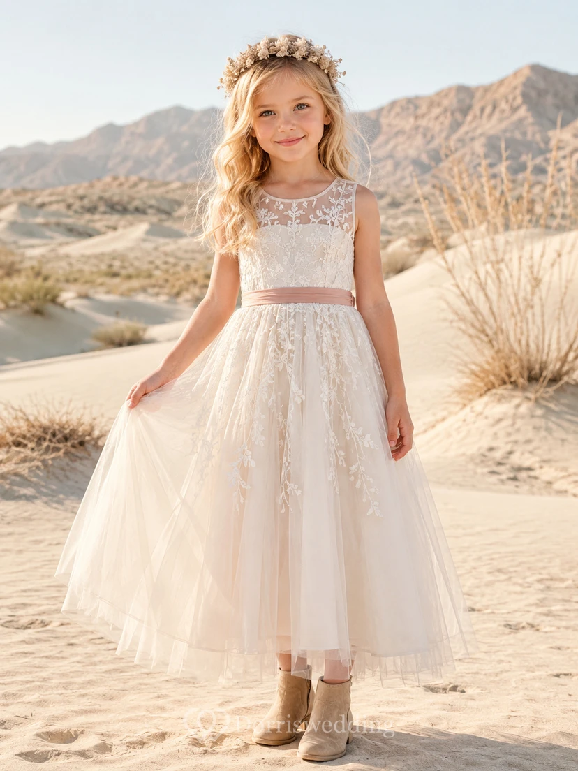 A-Line Flowergirl Lace Tulle Floor-Length Sleeveless Floral Applique Desert Elopement Wedding Dress