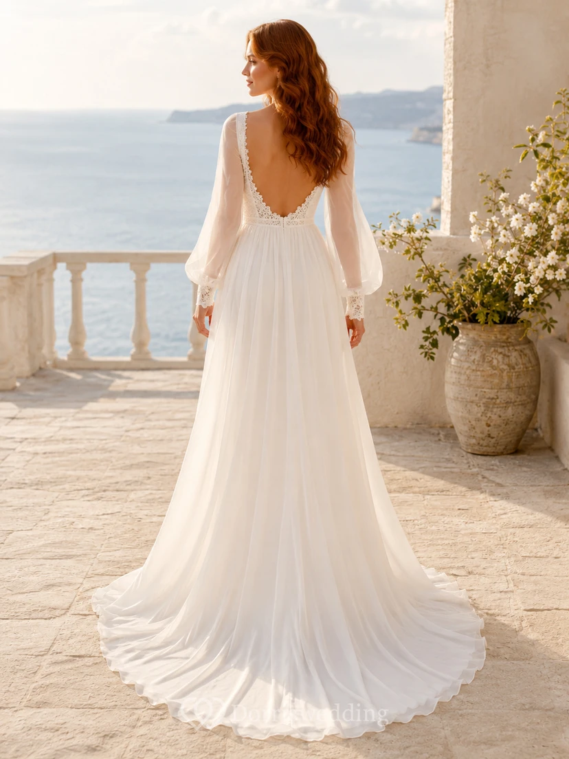Robe de mariée bohème en mousseline, col carré, manches bouffantes, bordure en dentelle et coupe trapèze, ornée de dentelle view 2