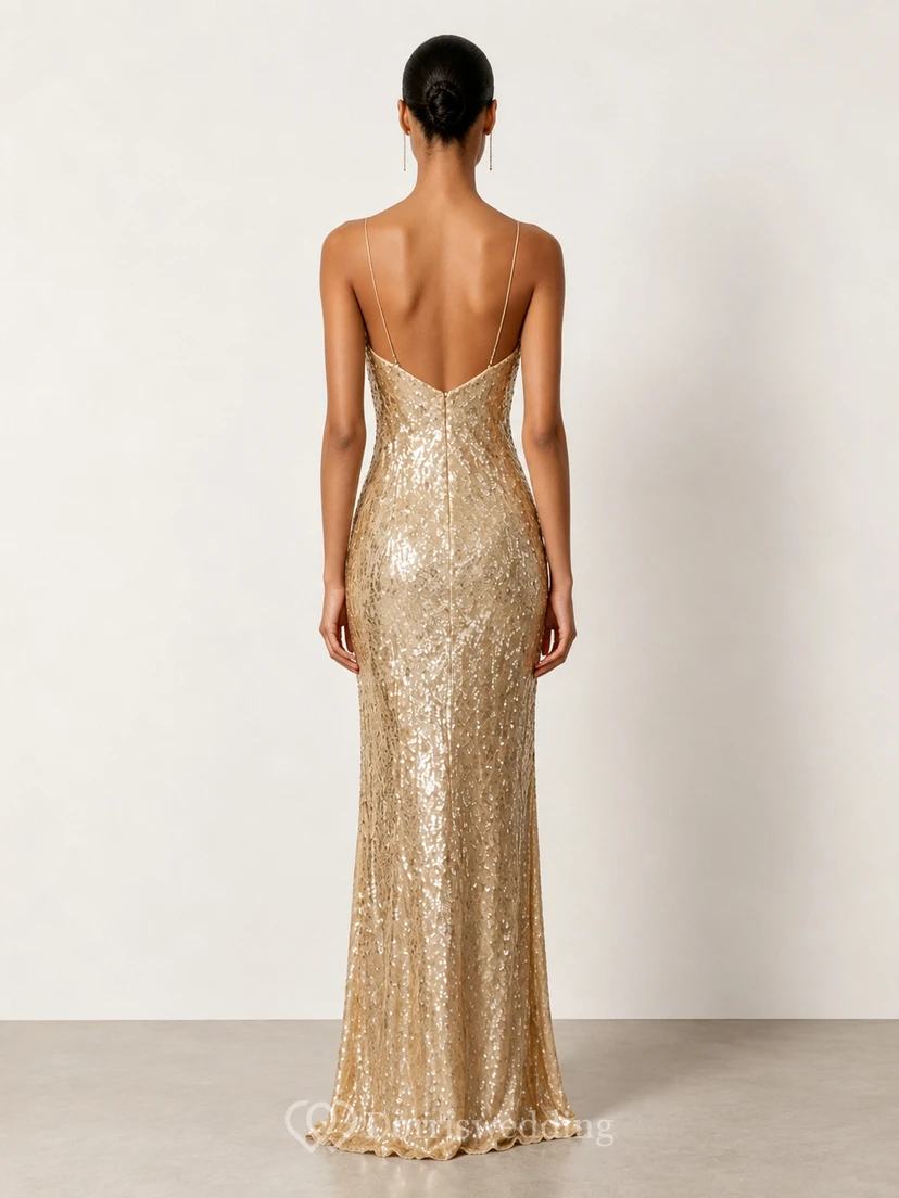 Sheath Sequin Evening Dress with V-neck, Sleeveless and Sequins, Floor Length view 2