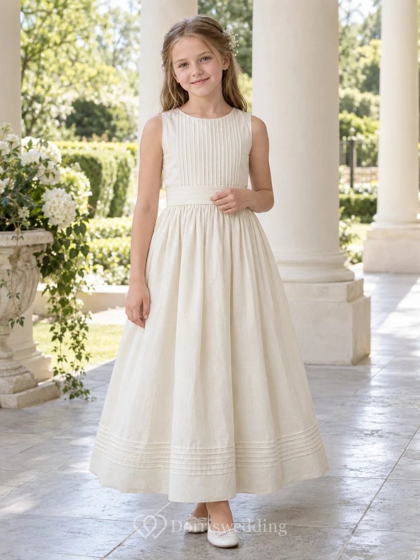 Vintage Simple Cream Sleeveless Jewel Neck Pintucked Cotton A-line Flower Girl Dress