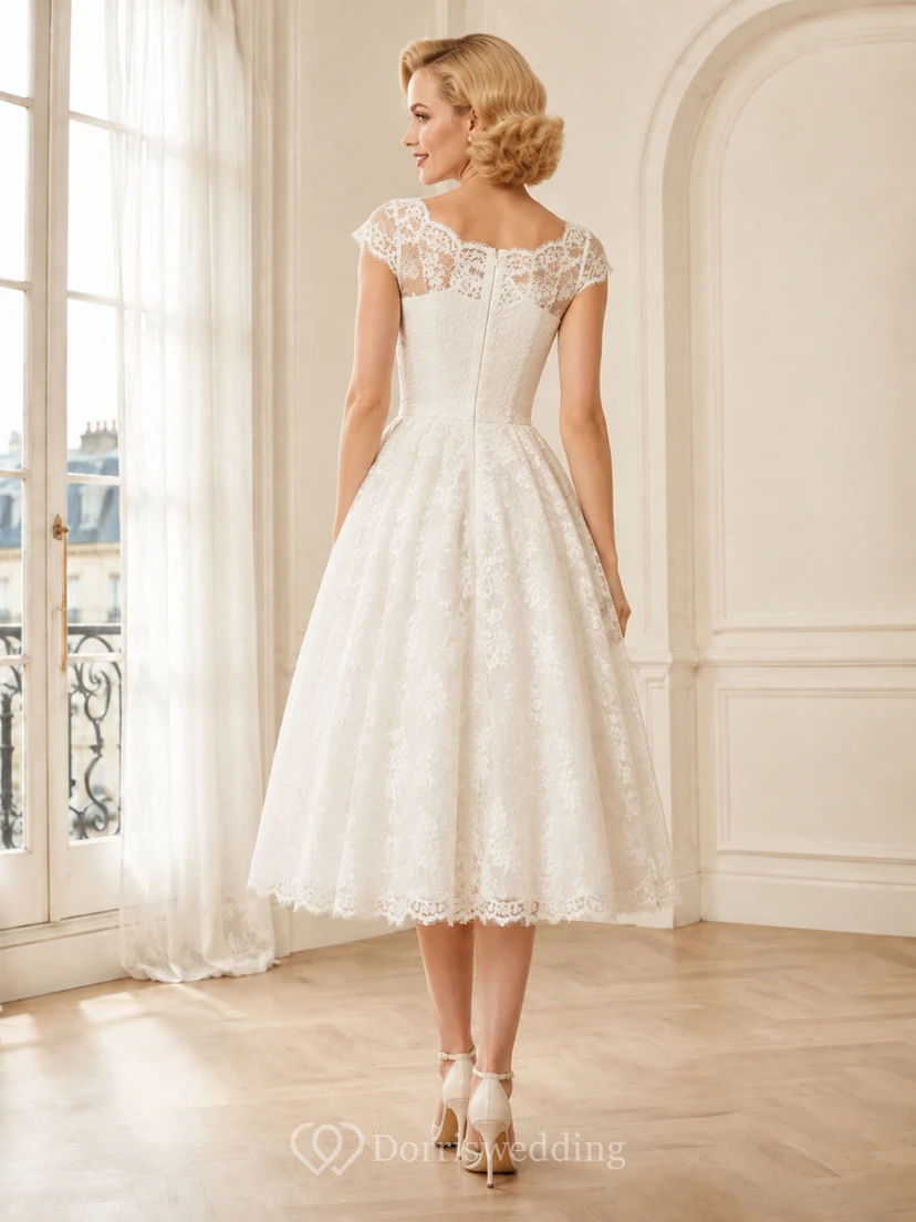Vintage Sweetheart Cap Sleeve Lace Plissee Teelänge Standesamtliches Hochzeitskleid view 2