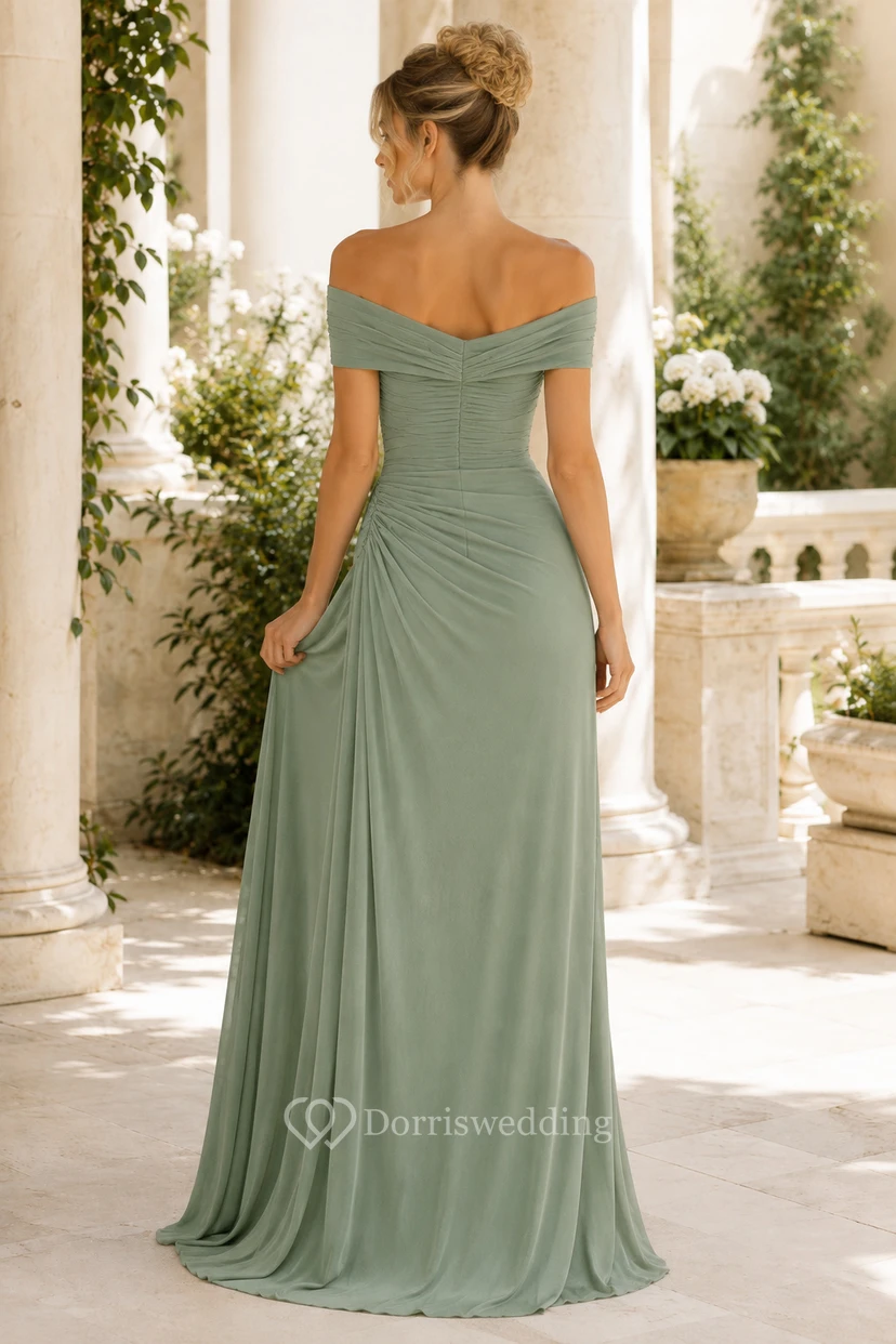 Evening Gown Sage Chiffon A-Line Off Shoulder Short Sleeve Draped Floor Length view 2