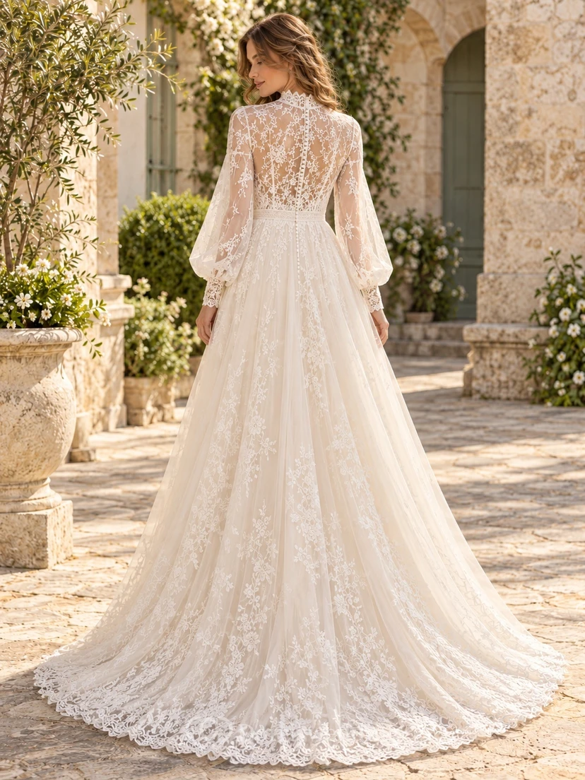 High Neck Long Poet Sleeve Lace Tulle A-Line Wedding Dress view 2