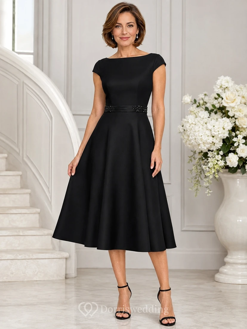 Elegant Black Bateau Cap Sleeve Beaded Satin A-Line Tea-Length Cocktail Dress