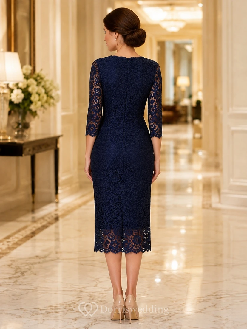 Navy V-Neck Three-quarter Sleeve Lace Sheath Tea-length Scalloped Formal Dress view 2
