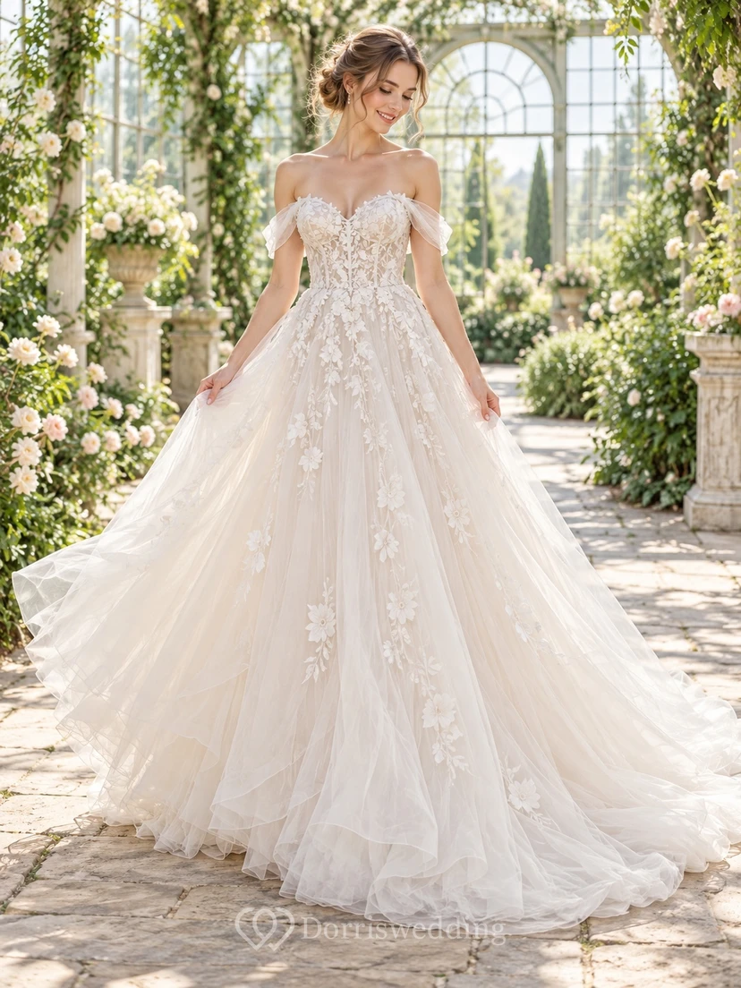 Robe de mariée bustier fleuri à épaules dénudées et traîne trapèze en tulle superposé, style corset à volants et bustier fleuri