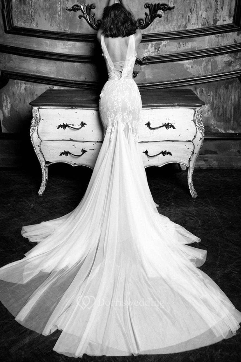 Gossamery Cap-Sleeve Illusion Tulle Vintage Wedding Dress With Lace And Court Train view 2
