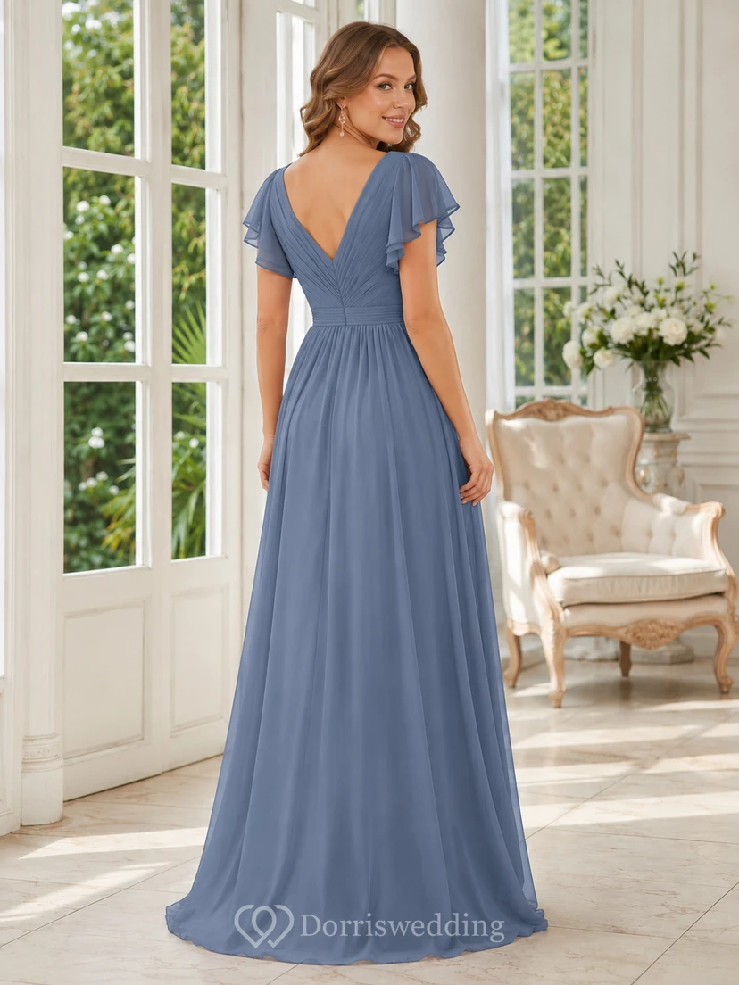 Elegant Indoor Formal Slate Blue Romantic A-Line Chiffon Bridesmaid Dress with V-Neck Short Sleeve Floor-Length Low Back view 2