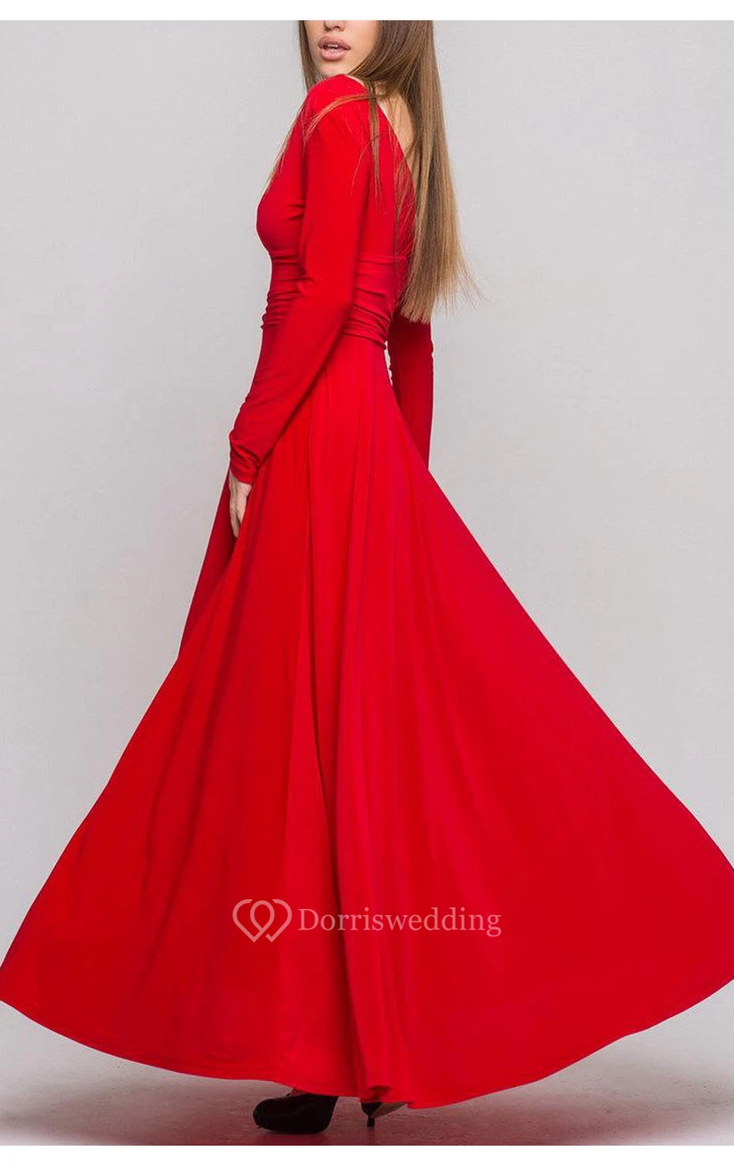 V Neck V Back Long Sleeve A-line Pleated Jersey Long Dress