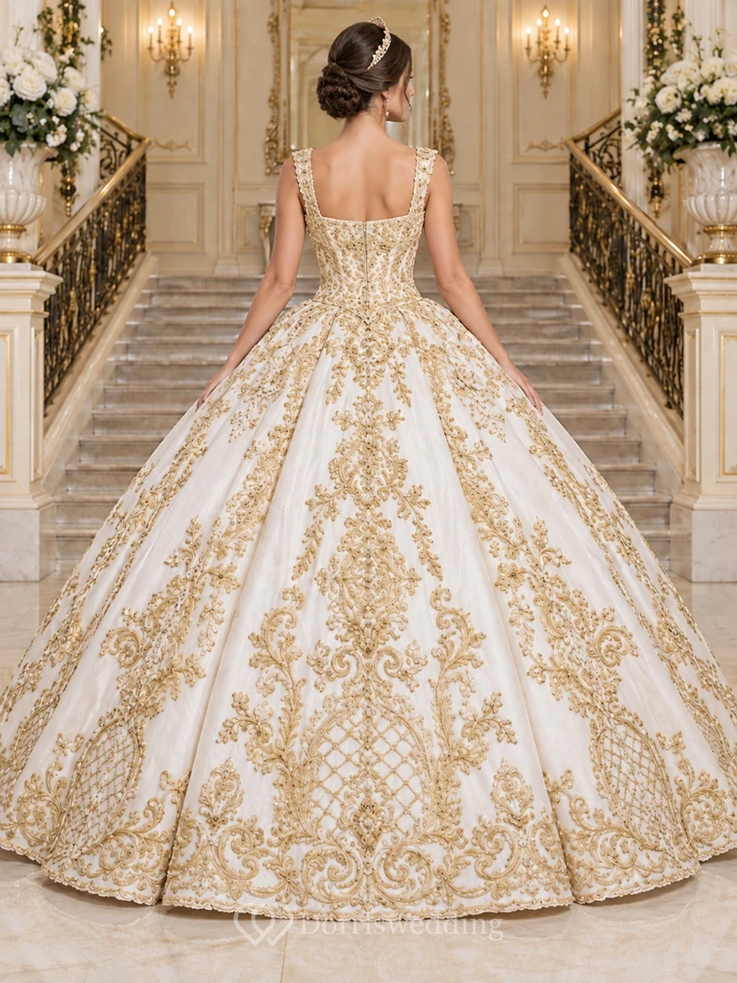 Vestido de novia de gala con escote cuadrado, tirantes bordados en oro y dobladillo con intrincado diseño de celosía. view 2