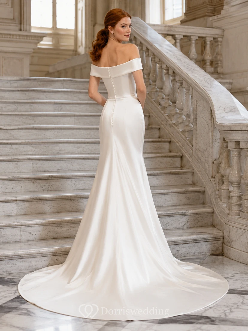Vestido de novia minimalista de satén con escote de hombros descubiertos y cola de sirena. view 2