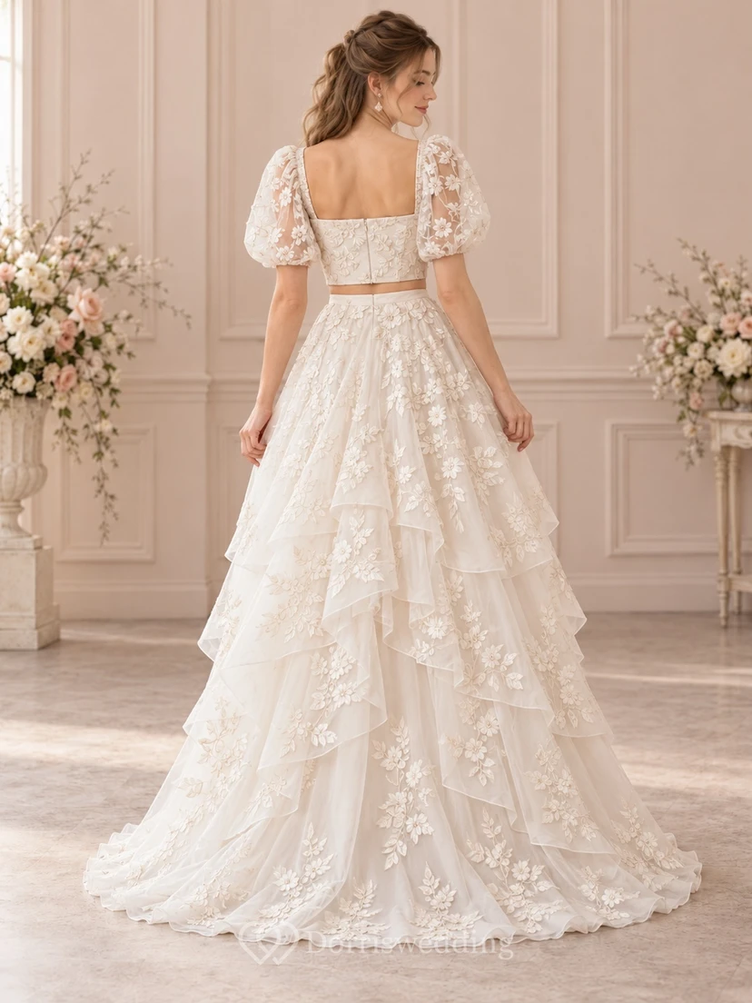 Two Piece High-low Square Neck Lace Puff Sleeve Wedding Dress view 2
