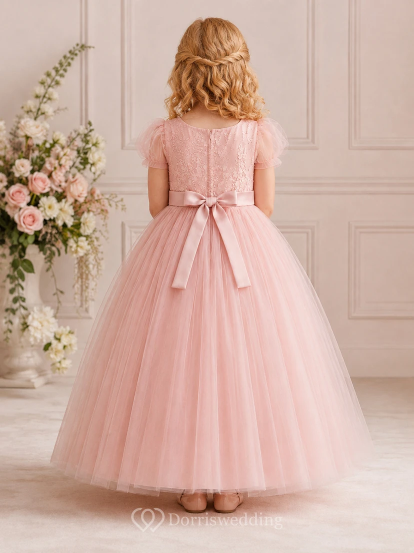 Vestido de niña de las flores, color rosa empolvado, encaje y tul, corte en A, cuello joya, largo hasta la rodilla. view 2