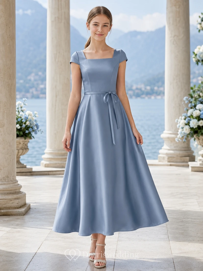 Stahlblaues Brautjungfernkleid für junge Mädchen, A-Linie, eckig, kurze Ärmel, elegant, aus Satin