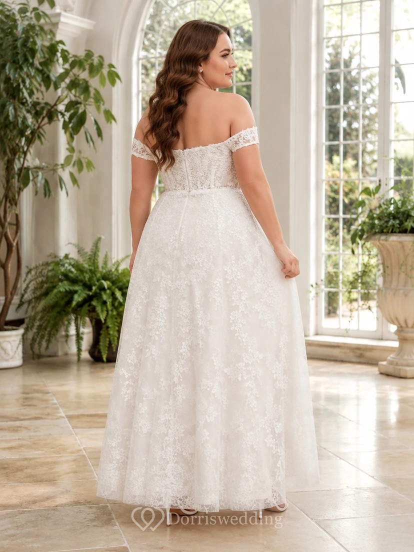 Plus-Size Spitzen-Brautkleid in A-Linie mit schulterfreiem Herzausschnitt und romantischem Vintage-Schnitt, knöchellang view 2