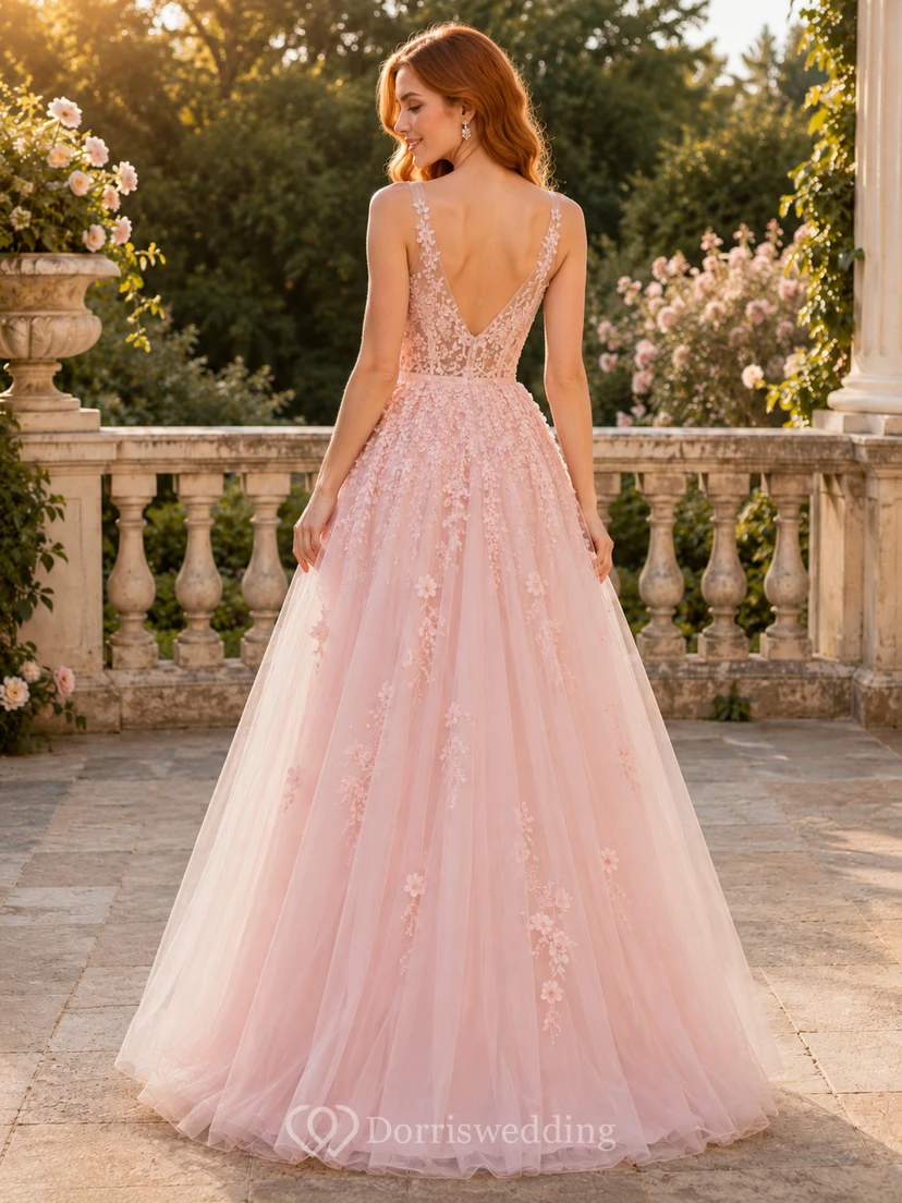 Rosewood Garden Blush A-Linien-Abendkleid aus ärmellosem Tüll in Juwelentönen, bodenlang, romantisch view 2