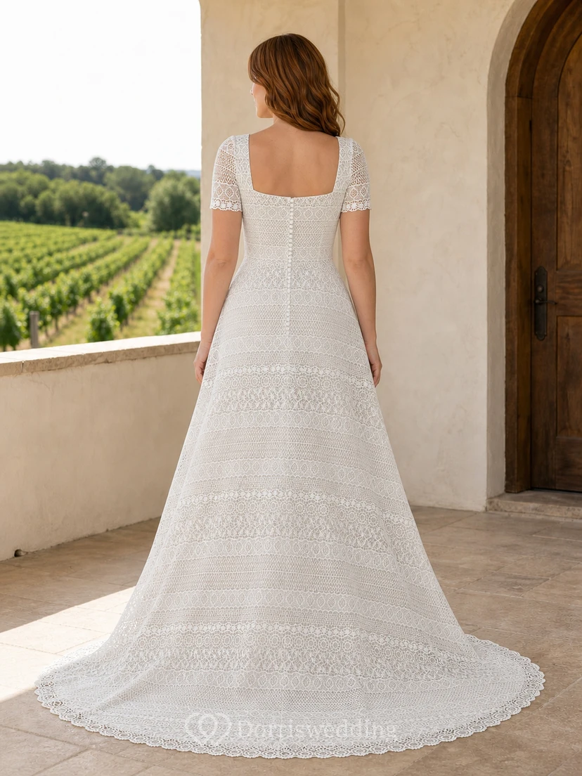Vestido de novia bohemio de rayas, corte en A, cuello cuadrado, manga corta, largo hasta el suelo view 2