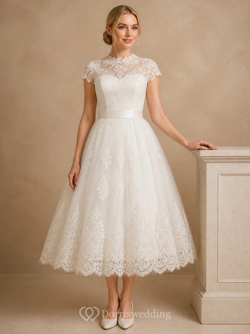 Vestido de novia vintage de corte A con cuello alto y largo hasta la rodilla, estilo juzgado.