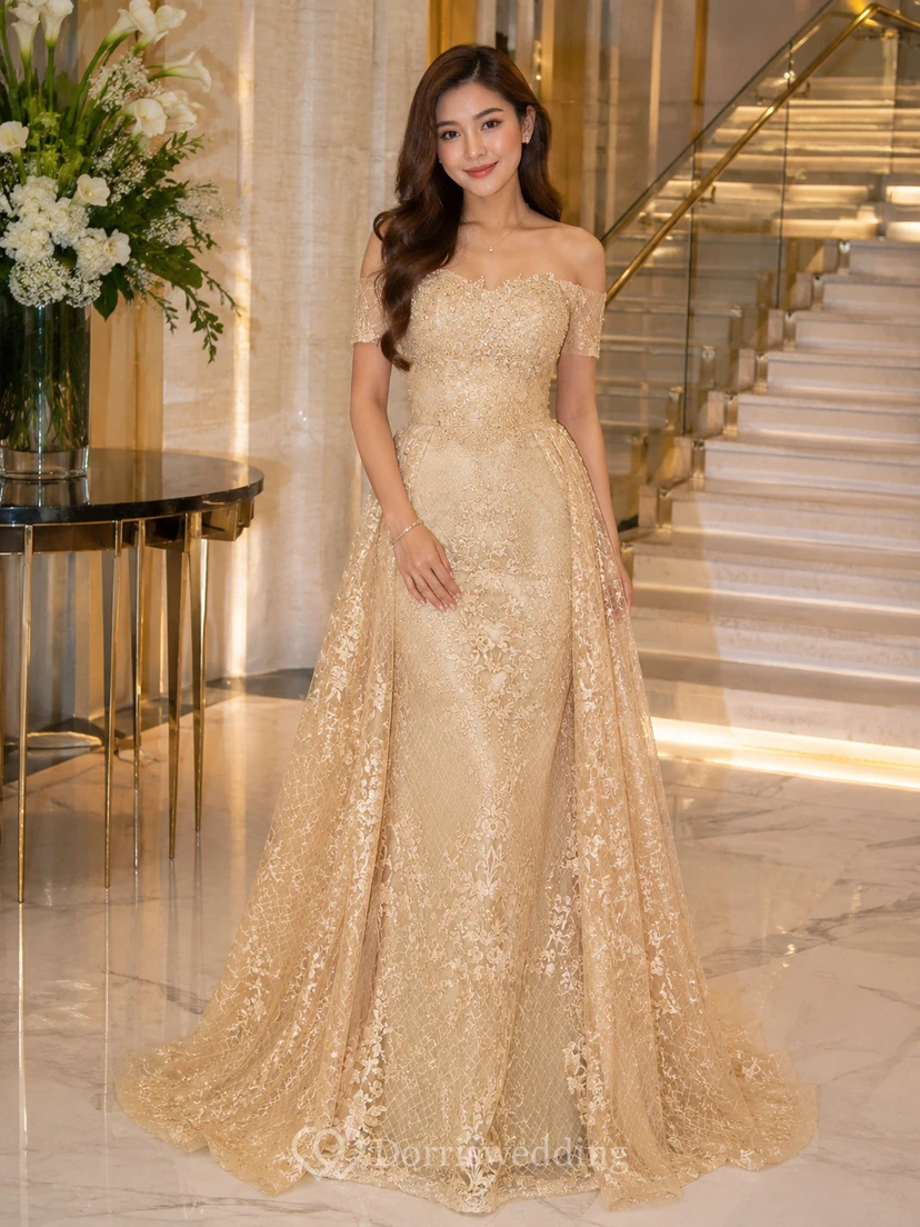 Robe de soirée élégante trapèze en dentelle, traîne brossée, sans manches, fermeture éclair et perles view 10